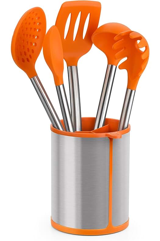 Conjunto de Utensilios de Cocina BRA Efficient, Acero Inoxidable y Silicona, Naranja, 5 piezas.