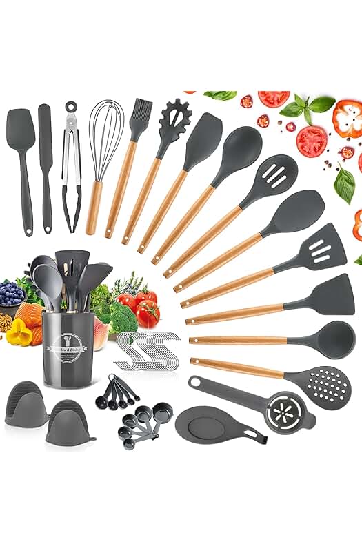 Conjunto de utensilios de cocina de silicona antiadherente con mango de madera resistente al calor.