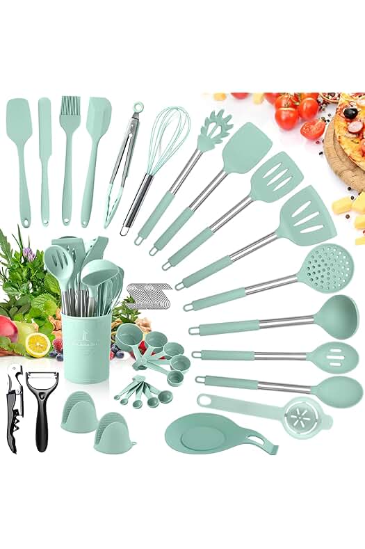 Conjunto de utensilios de cocina de silicona resistente al calor y antiadherente, color verde claro.
