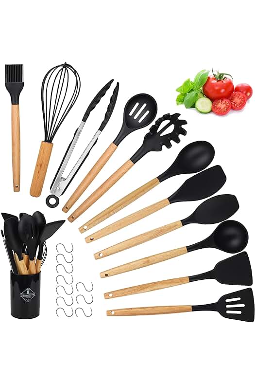 Conjunto de utensilios de cocina de silicona sin BPA de 22 piezas con mango de madera.
