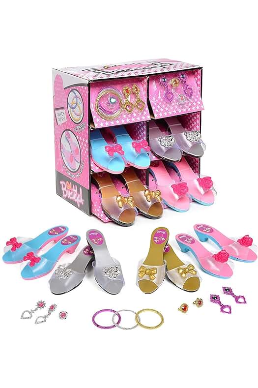 Conjunto de Zapatos y Joyas de Princesa para Niñas - 4 Pares de Zapatos de Tacón y 8 Joyas.