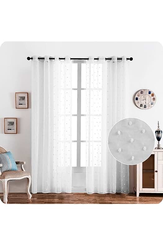 Cortina Blanca Translúcida con Adornos de Pompones para Ventanas - Set de 2 Unidades 140x260cm