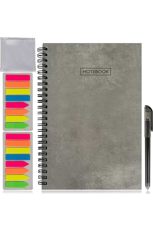 Cuaderno digital inteligente reutilizable con bolígrafo borrable y marcadores.