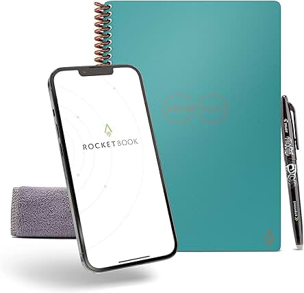Cuaderno Digital Rocketbook Core - Diario Reutilizable Inteligente Teal, Punteado, Executive A5