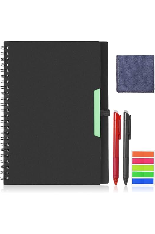 Cuaderno inteligente reutilizable con bolígrafos borrables y marcadores adhesivos en varios colores.
