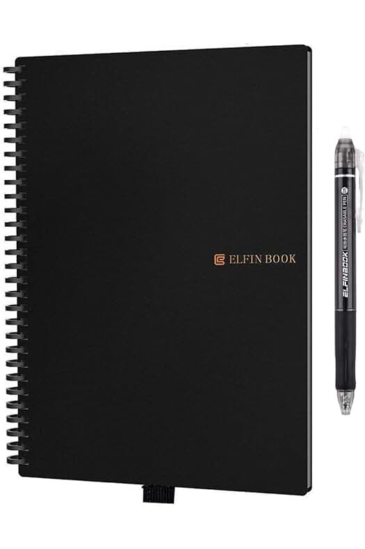 Cuaderno Inteligente Reutilizable Elfinbook, Everlast Smart Notebook, Bolígrafo Borrable Incluido (Negro A5)