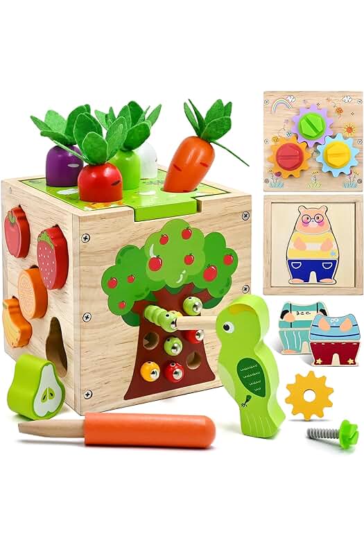 Cubo de actividades Montessori: Juegos educativos y clasificador de formas para niños de 1-2 años.