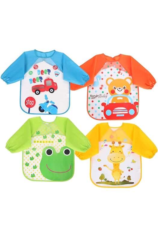 Delantales para bebés impermeables con mangas largas, set de 4 unidades con divertidos diseños.