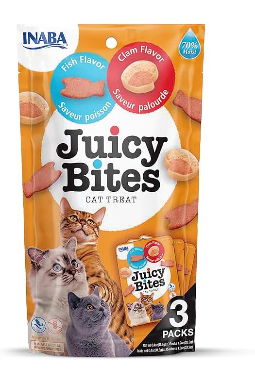 Deliciosos Snacks Húmedos para Gatos - Sabor Pescado y Almejas - Sin Cereales ni Conservantes.