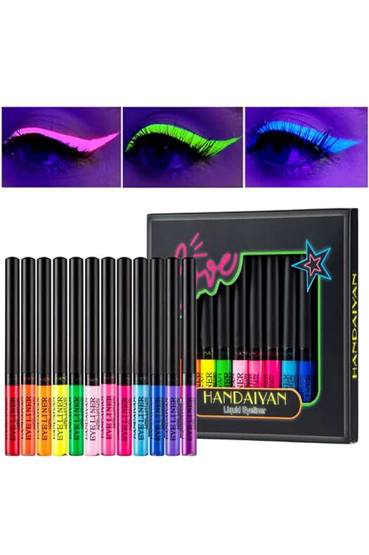 Delineador de ojos líquido de neón: brillo UV, 12 colores vibrantes, larga duración y resistente al agua.