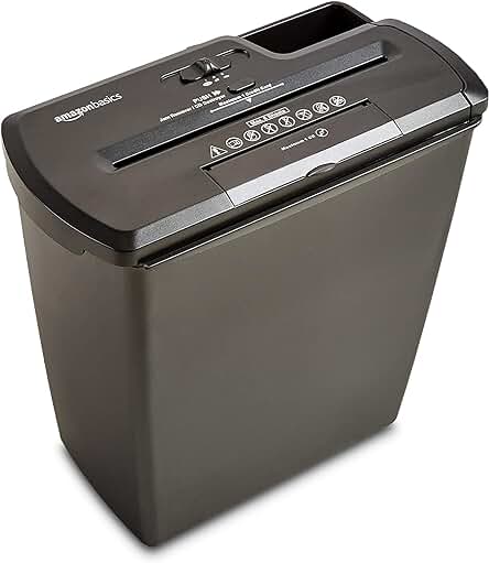 Destructora de papel Amazon Basics - Corte recto, capacidad de hasta 7-8 hojas, negro.