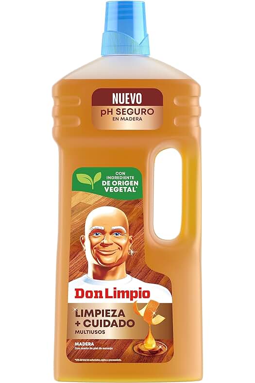 Detergente líquido para suelos de madera con aceite de almendras para una limpieza segura.