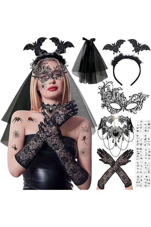 Disfraz de Halloween: Conjunto de Máscara Veneciana y Accesorios Góticos de Encaje y Joyería.