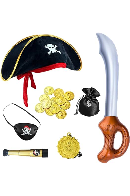 Disfraz de Pirata para Niños: Sombrero, Telescopio, Parche en el Ojo, Espadas y Monedero.
