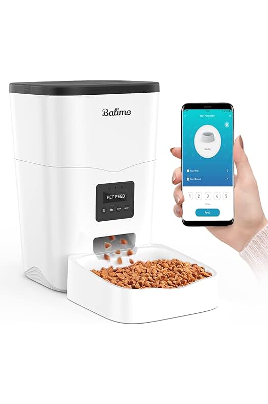 Dispensador automático de croquetas para gatos con temporizador y control remoto vía app.