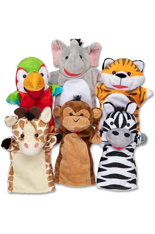 Divertidos títeres de mano con animales de safari para niños y adultos: tigre, elefante, mono y más.