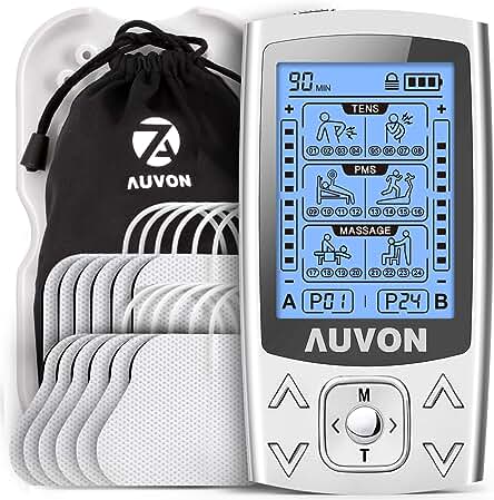 Electroestimulador muscular AUVON: Fortalece músculos y alivia dolor con 24 modos y 2 canales.