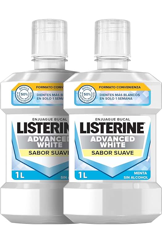 Enjuague Bucal Listerine Advanced White, Blanqueador Sin Alcohol para un Aliento Fresco, Menta, Multicolor, 1000 ml x 2.