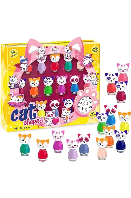 Esmaltes de uñas a base de agua con diseño de gato, secado rápido y colores variados.