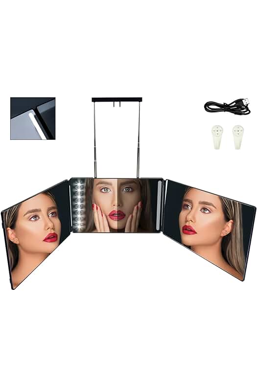 Espejo Tríptico LED con altura y luz ajustable, carga USB - Accesorios de Hogar y Baño.