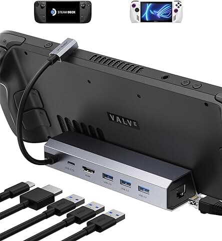 Estación de Acoplamiento JSAUX para Steam Deck: Conexiones 4K, USB 3.0, Ethernet y carga rápida.