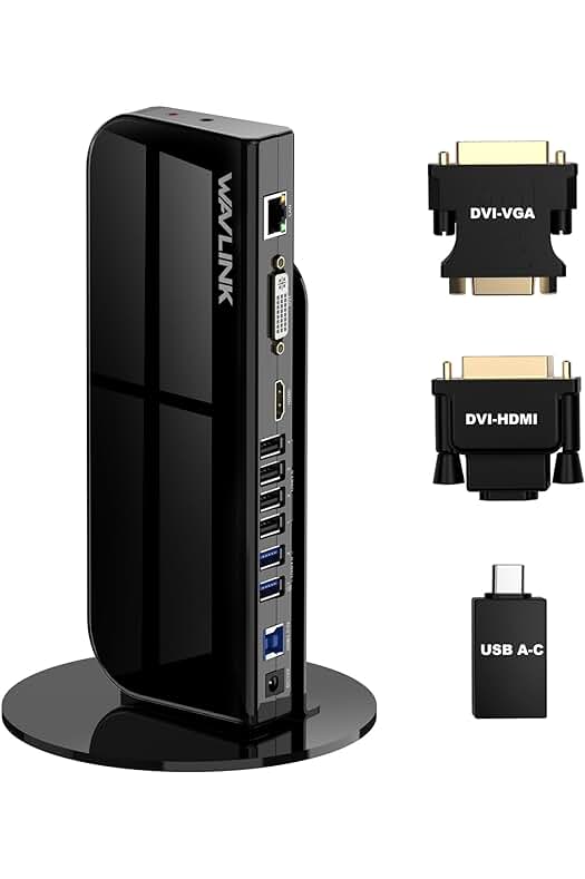 Estación de acoplamiento USB C con pantalla dual, Gigabit Ethernet y múltiples puertos USB.