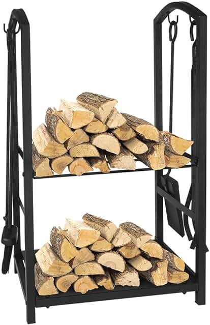 Estante de leña y herramientas para chimeneas: solución elegante y funcional para el almacenamiento de leña.