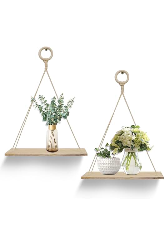 Estante de madera colgante con cuerda para decoración de pared y plantas pequeñas.