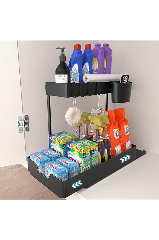 Estante deslizable para almacenamiento bajo fregadero con ganchos - Organizador de baño y cocina, negro.