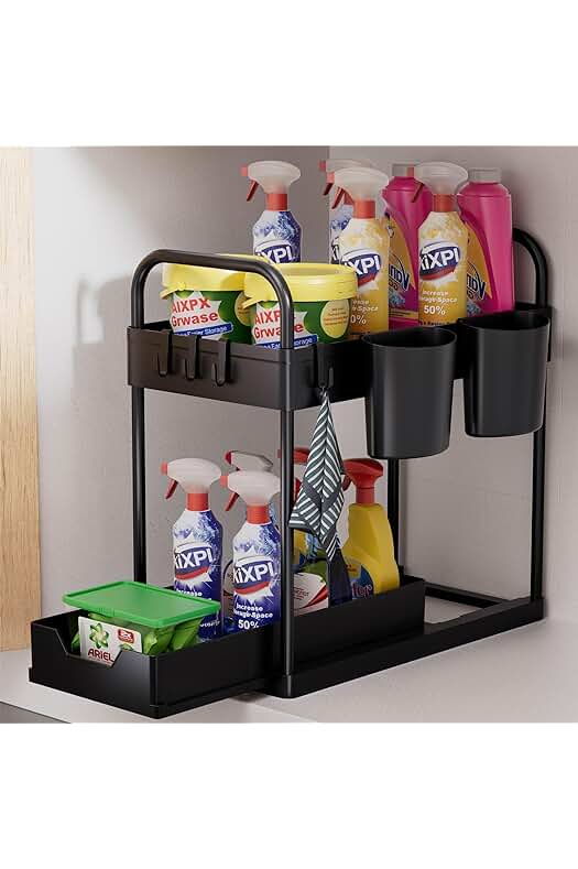 Estante deslizante para organizar debajo del fregadero en la cocina o el baño.