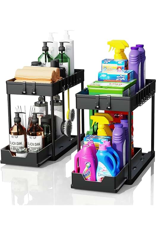Estante organizador de cocina para debajo del fregadero con almacenamiento adicional y ganchos.