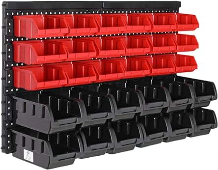 Estantería de bricolaje para pared con organizador de herramientas y cajas apilables.