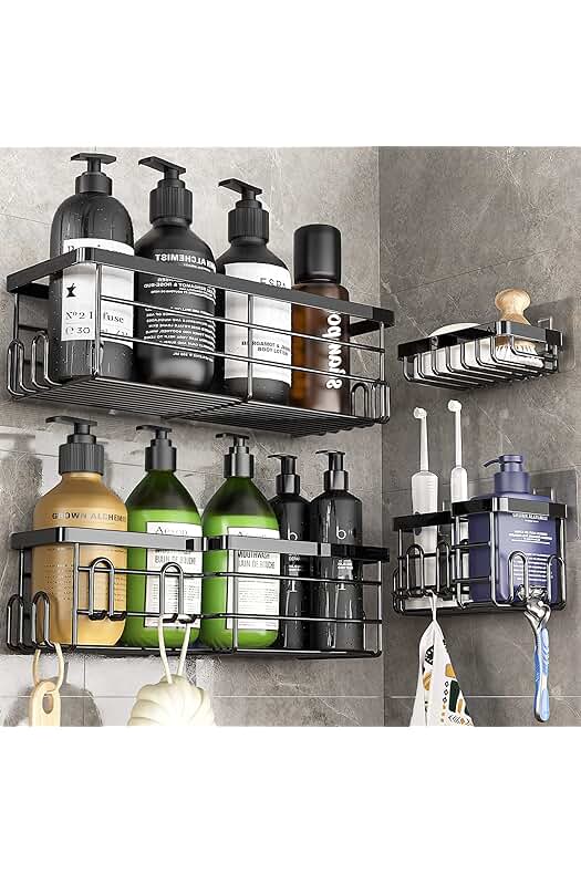 Estantería de ducha sin taladro: Organizador de baño de acero inoxidable de 4 piezas.