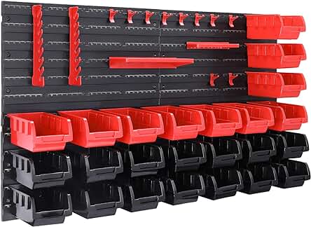 Estantería de herramientas de pared con sistema de almacenamiento ajustable y accesorios incluidos.