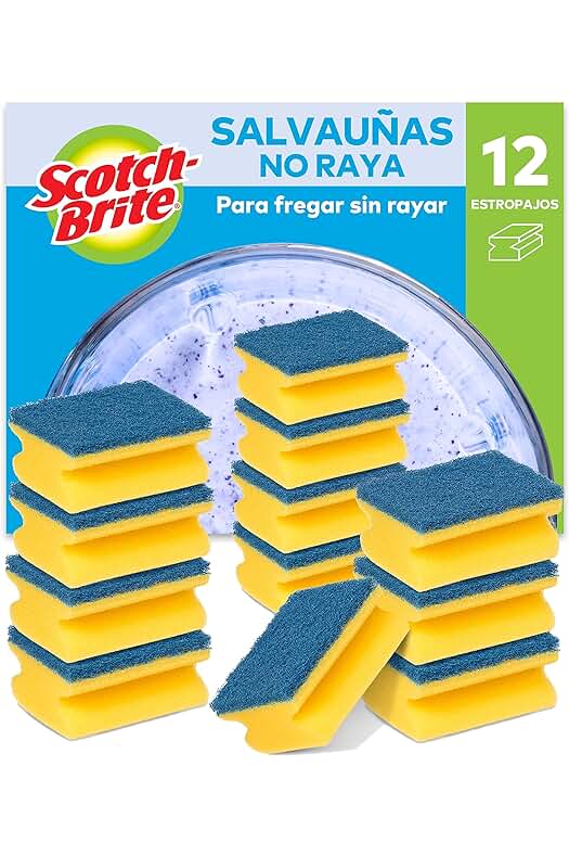 Estropajo Scotch-Brite: Delicado y seguro para cristal y utensilios de cocina antiadherentes - 12 esponjas.