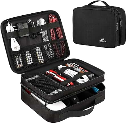 Estuche de viaje para organizar cables y accesorios electrónicos de forma práctica y segura.