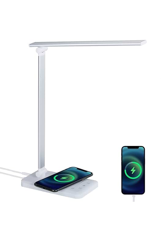 Flexo de Escritorio LED con Cargador Inalámbrico y Puerto USB, 5 Modos de Brillo.