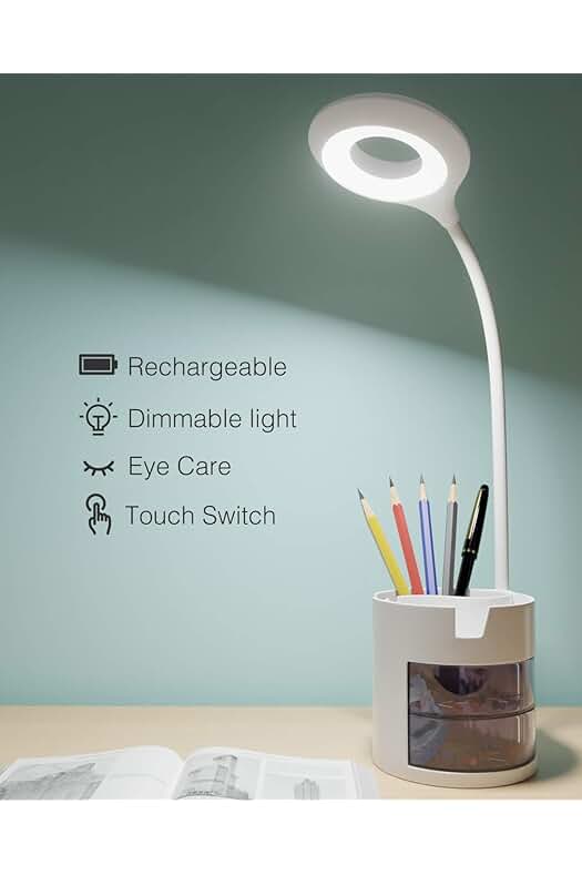 Flexo LED para escritorio: Lámpara recargable con brillo ajustable y cuidado ocular plegable.