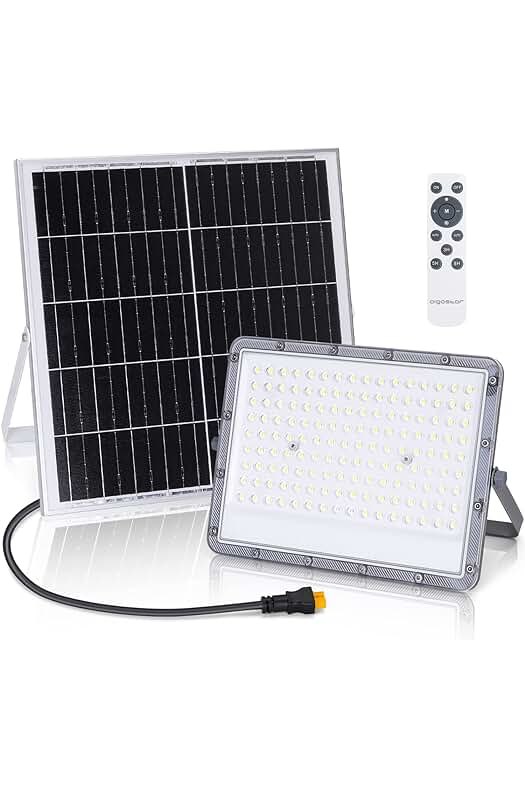 Foco proyector LED solar de 200W con mando a distancia y resistencia al agua.