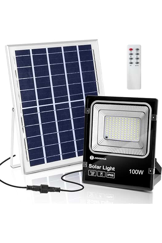 Foco proyector LED solar de alta potencia con control remoto y resistente al agua.