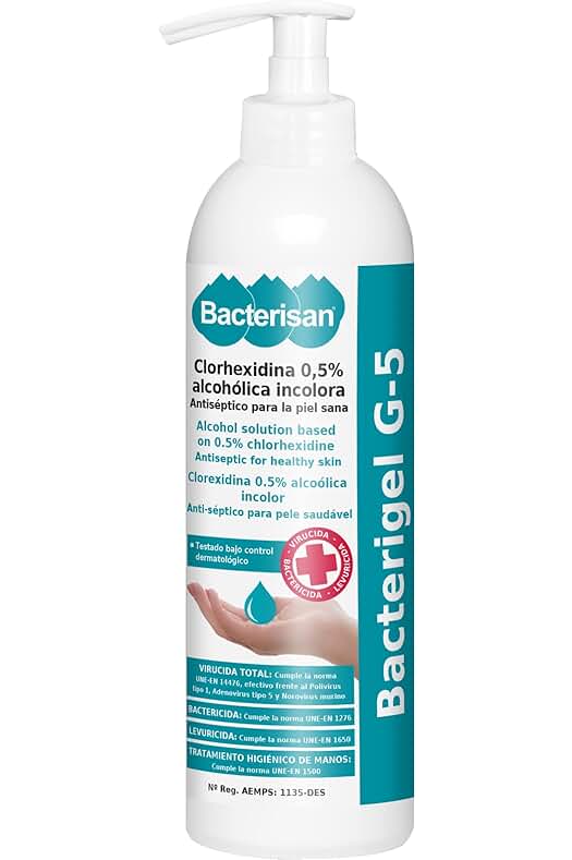 Gel desinfectante de manos BACTERISAN G-5, 500ml, con propiedades autosecantes y antisépticas.