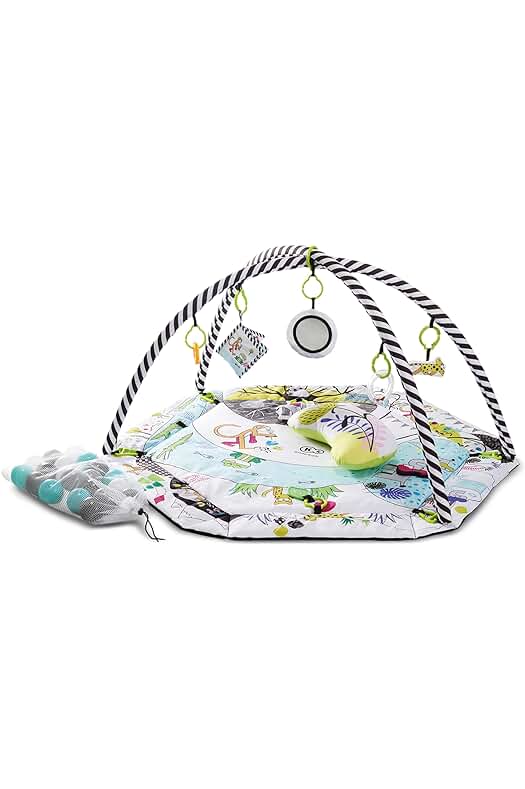 Gimnasio de actividades para bebé con alfombra, juguetes y accesorios, ideal para estimulación temprana.