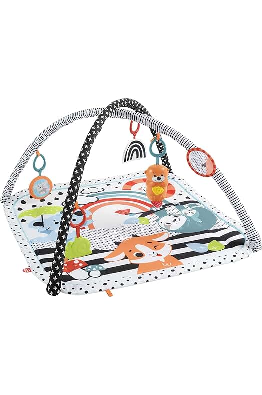 Gimnasio de actividades para bebé con manta y accesorios, estampado divertido de animalitos.