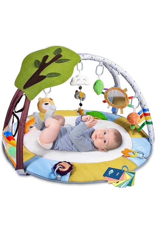 Gimnasio de actividades para bebés con juguetes sensoriales y manta antideslizante.