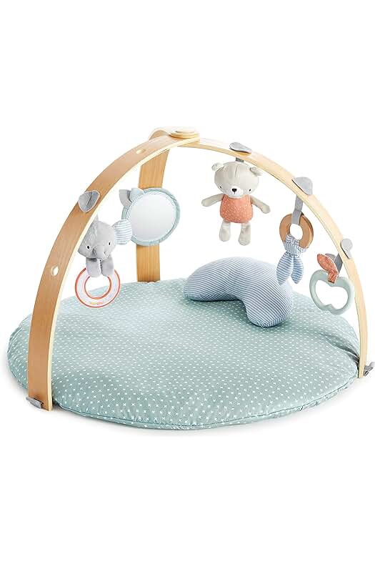 Gimnasio de Actividades Suave y Reversible con Arco de Juego de Madera y 5 Juguetes