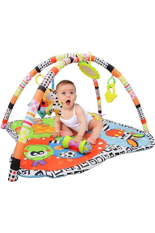 Gimnasio interactivo Montessori para bebés con manta sensorial y accesorios ajustables.