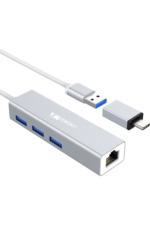Hub USB 3.0 con Puerto Ethernet Gigabit y 3 Puertos USB 3.0, Compatible con Mac, Chromebook y más.