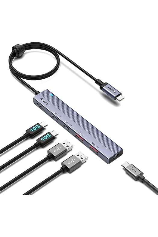 HUB USB C 3.2 Gen 2 con 4 Puertos USB-A y USB-C para computadoras y dispositivos.