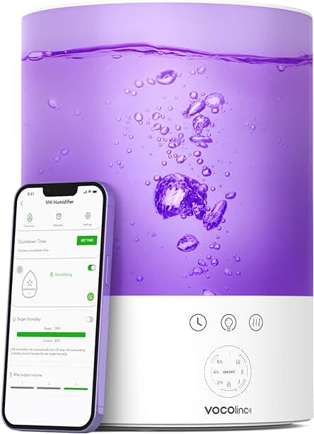 Humidificador inteligente para bebés: control de humedad, luces de colores y compatibilidad con asistentes de voz.