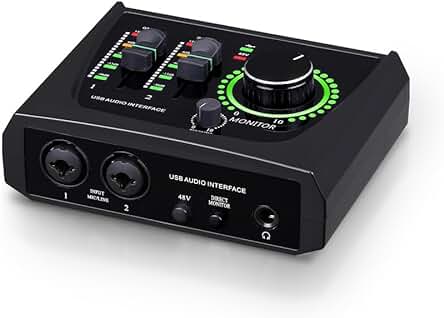 Interfaz de audio USB BOMGE de 2 canales con alimentación Phantom XLR/48V para grabación y podcasting.